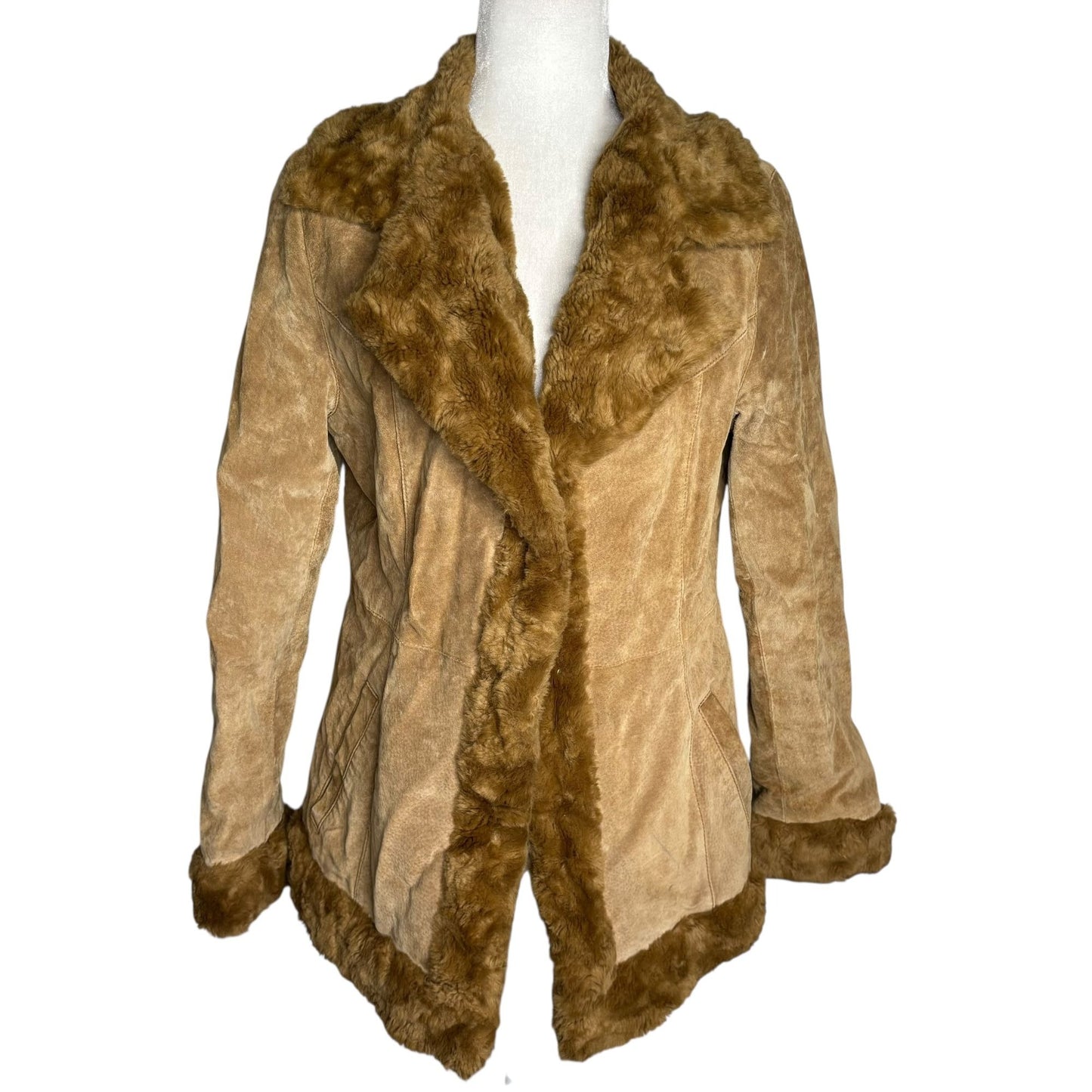 Vintage 90s Penny Lane Tan Suede Leather Faux Fur Jacket Quilted Lining Medium