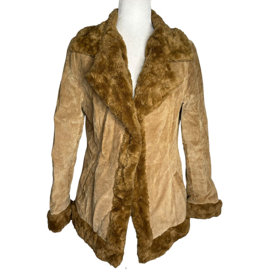 Vintage 90s Penny Lane Tan Suede Leather Faux Fur Jacket Quilted Lining Medium