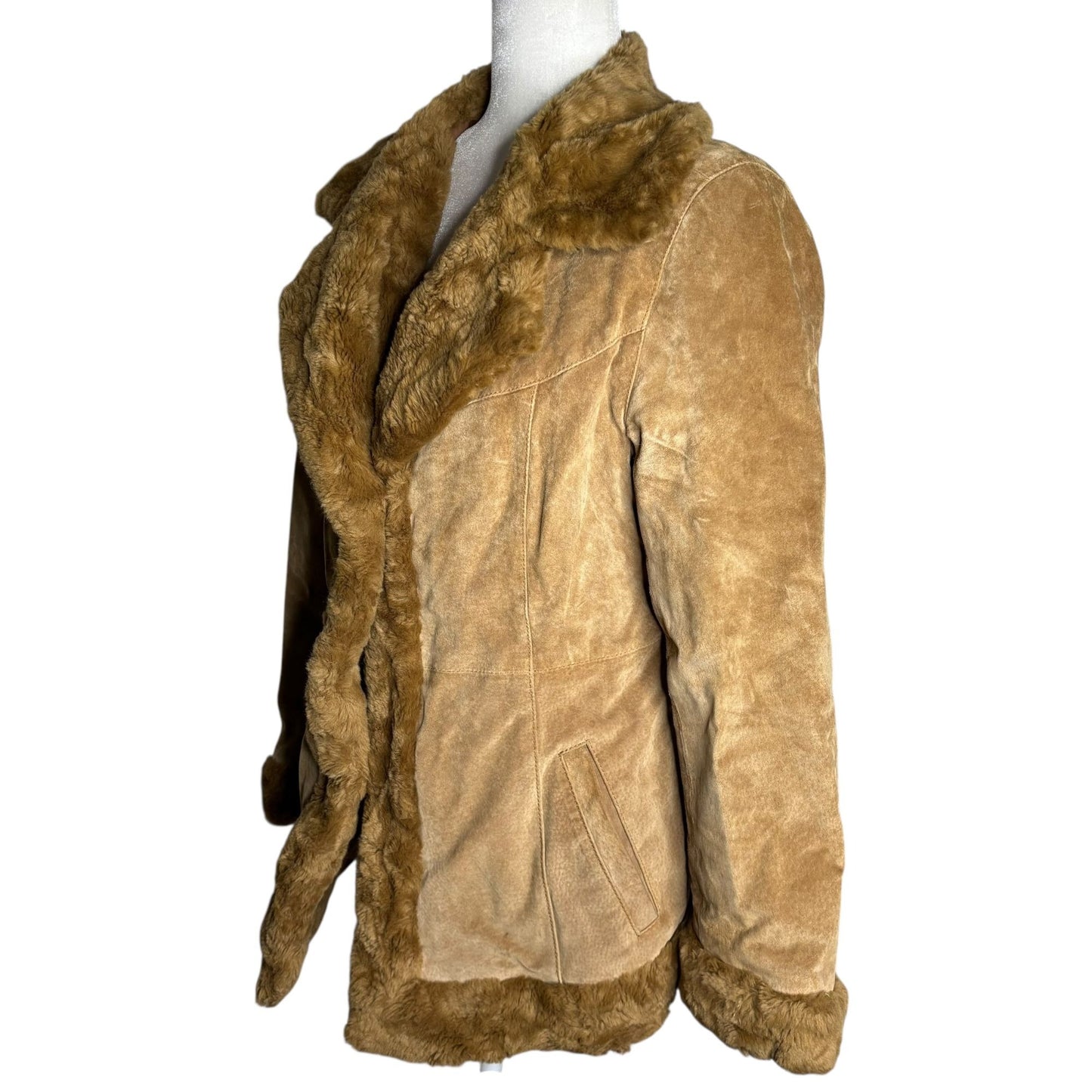 Vintage 90s Penny Lane Tan Suede Leather Faux Fur Jacket Quilted Lining Medium