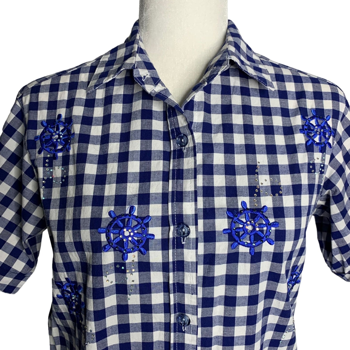 Quacker Factory Embroidered Button Up Shirt XXS Blue Gingham Short Sleeves