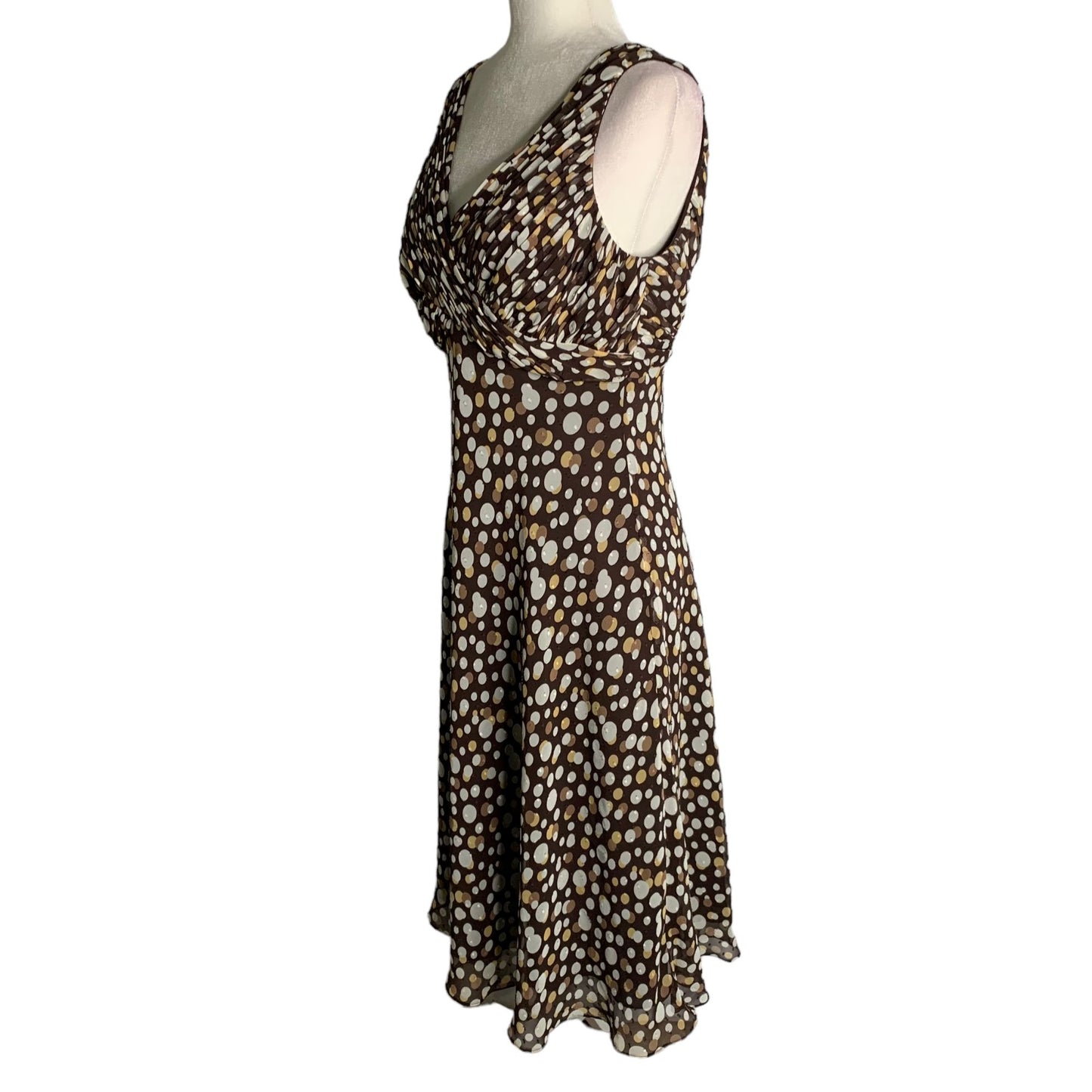 Adrianna Papell Sleeveless Chiffon Dress 12 Brown Polka Dot Lined Pleated Zip