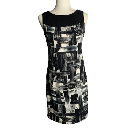 Vintage Y2K Sleeveless Sheath Dress 6 Black White Knee Length Zipper Unlined