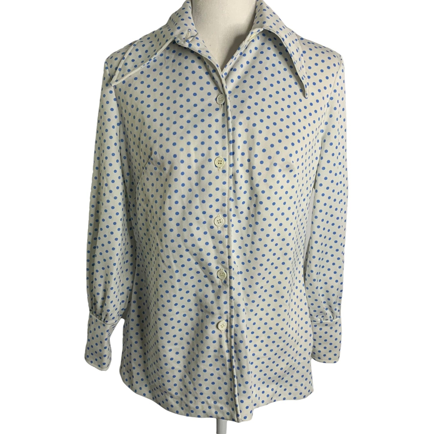 Vintage 70s Button Up Knit Blouse M White Blue Polka Dot Large Point Collar