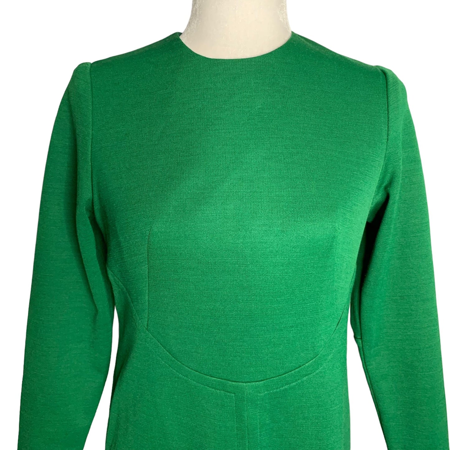 Vintage 60s Stretch Knit Mod Shift Dress S Green Lined 3/4 Sleeve Round Neck Zip