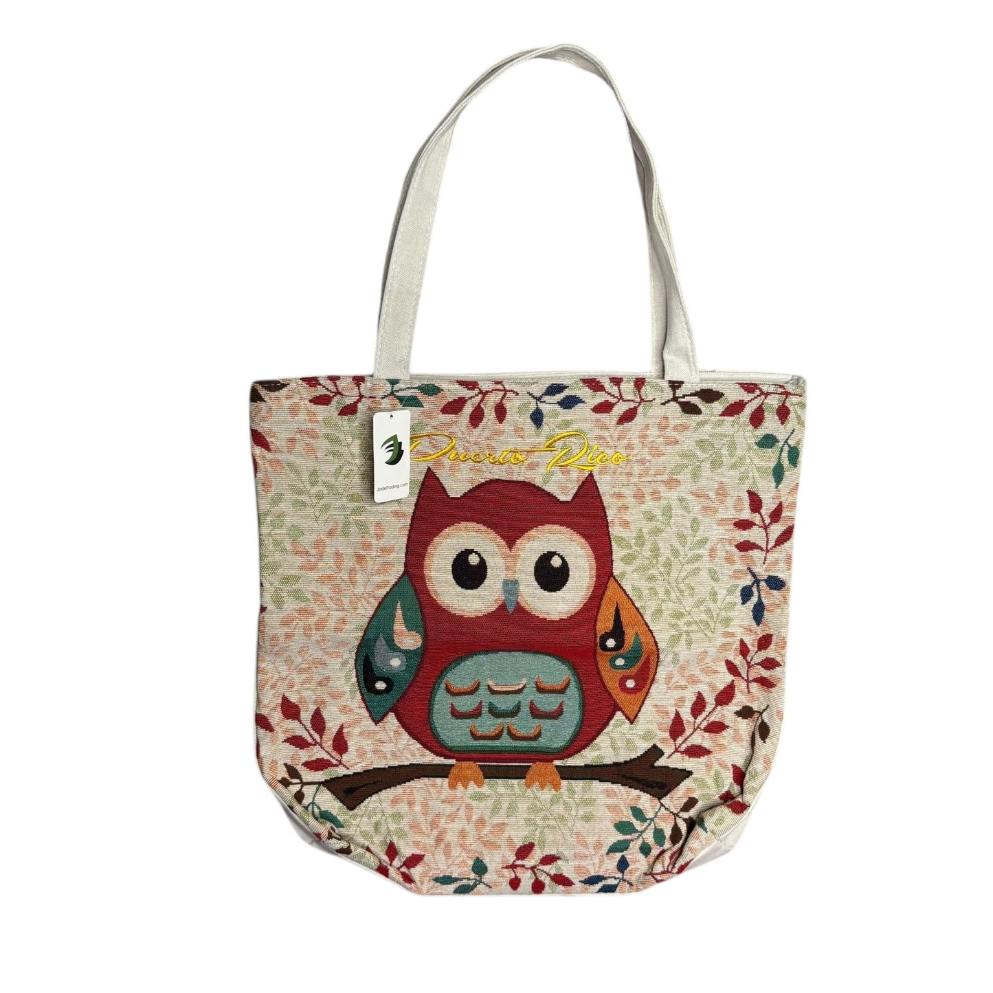 Puerto Rico Owl Canvas Tote Shoulder Bag Zipper Closure Lined Inside Pocket NEW