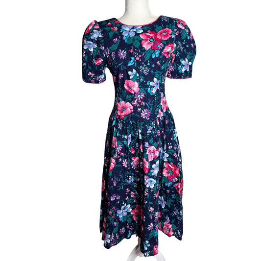 Vintage Jodi Michaels Floral Fit Flare Dress Small Navy Pockets Bow Zipper