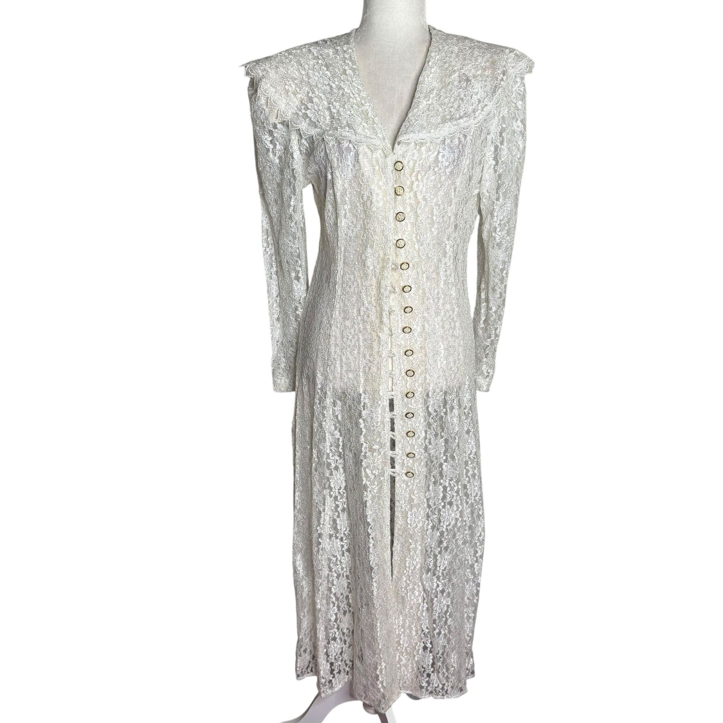 Vintage 90s Lace Button Up Maxi Dress Duster Medium White Sheer Long Sleeve