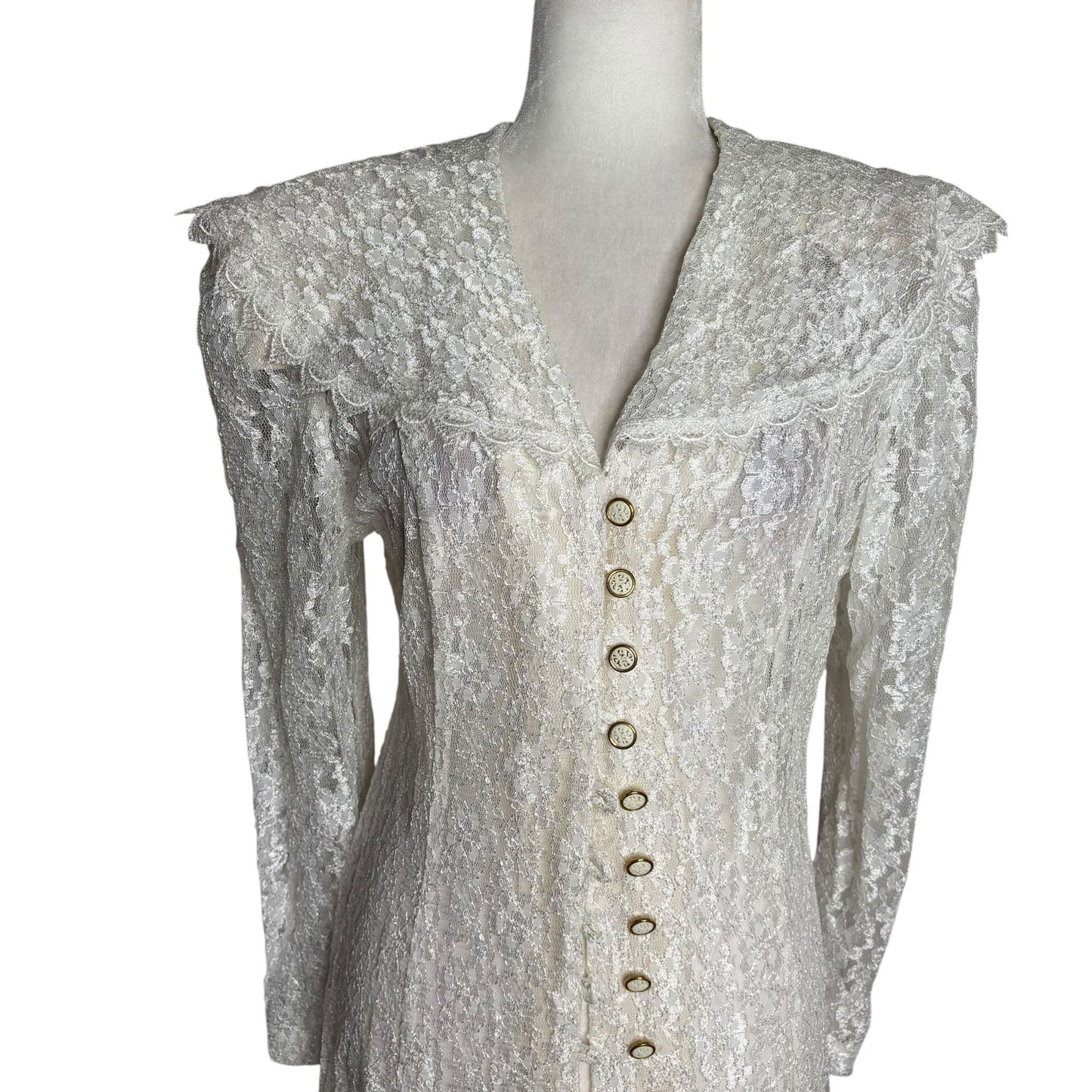 Vintage 90s Lace Button Up Maxi Dress Duster Medium White Sheer Long Sleeve