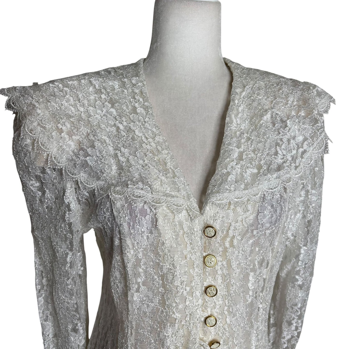Vintage 90s Lace Button Up Maxi Dress Duster Medium White Sheer Long Sleeve