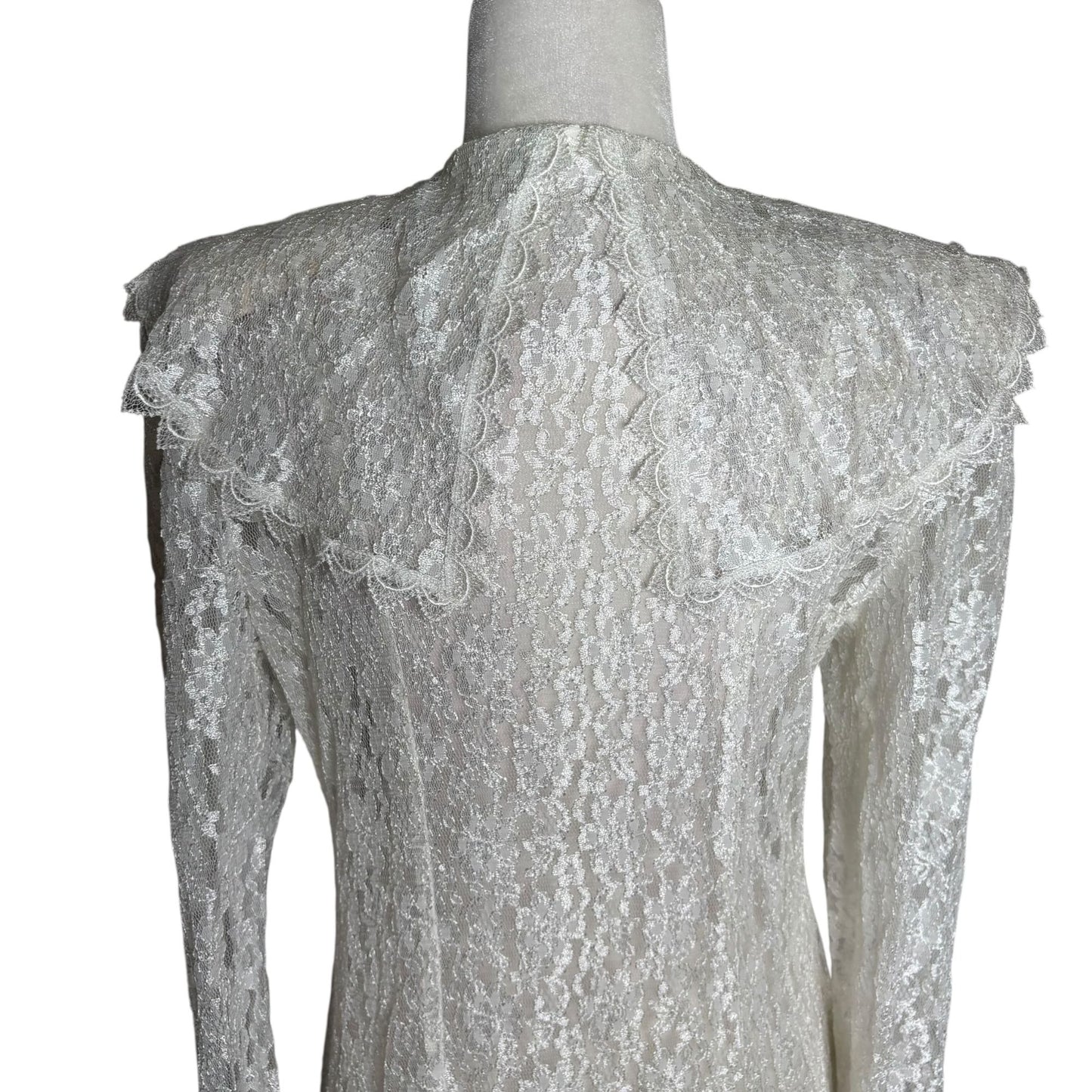 Vintage 90s Lace Button Up Maxi Dress Duster Medium White Sheer Long Sleeve