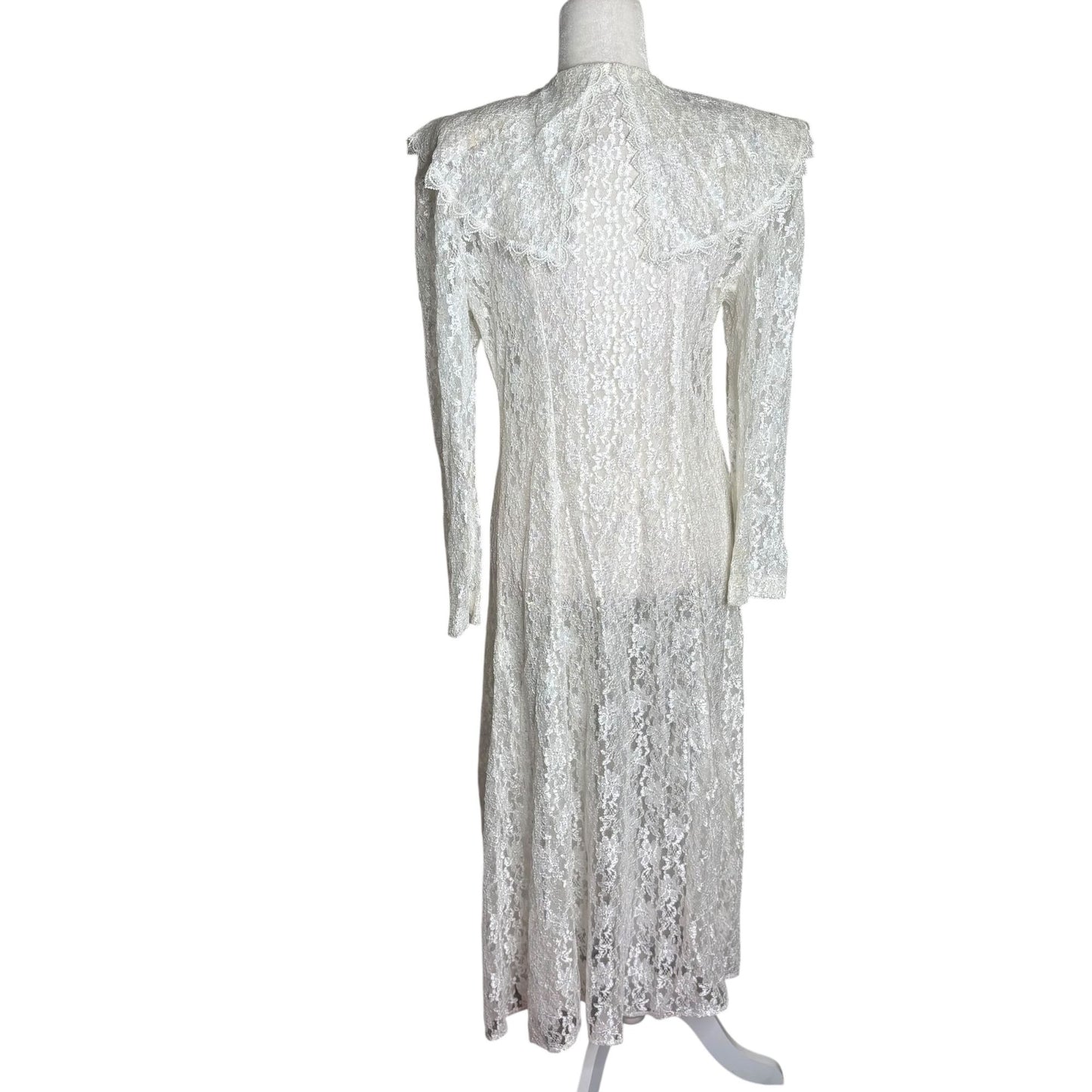 Vintage 90s Lace Button Up Maxi Dress Duster Medium White Sheer Long Sleeve