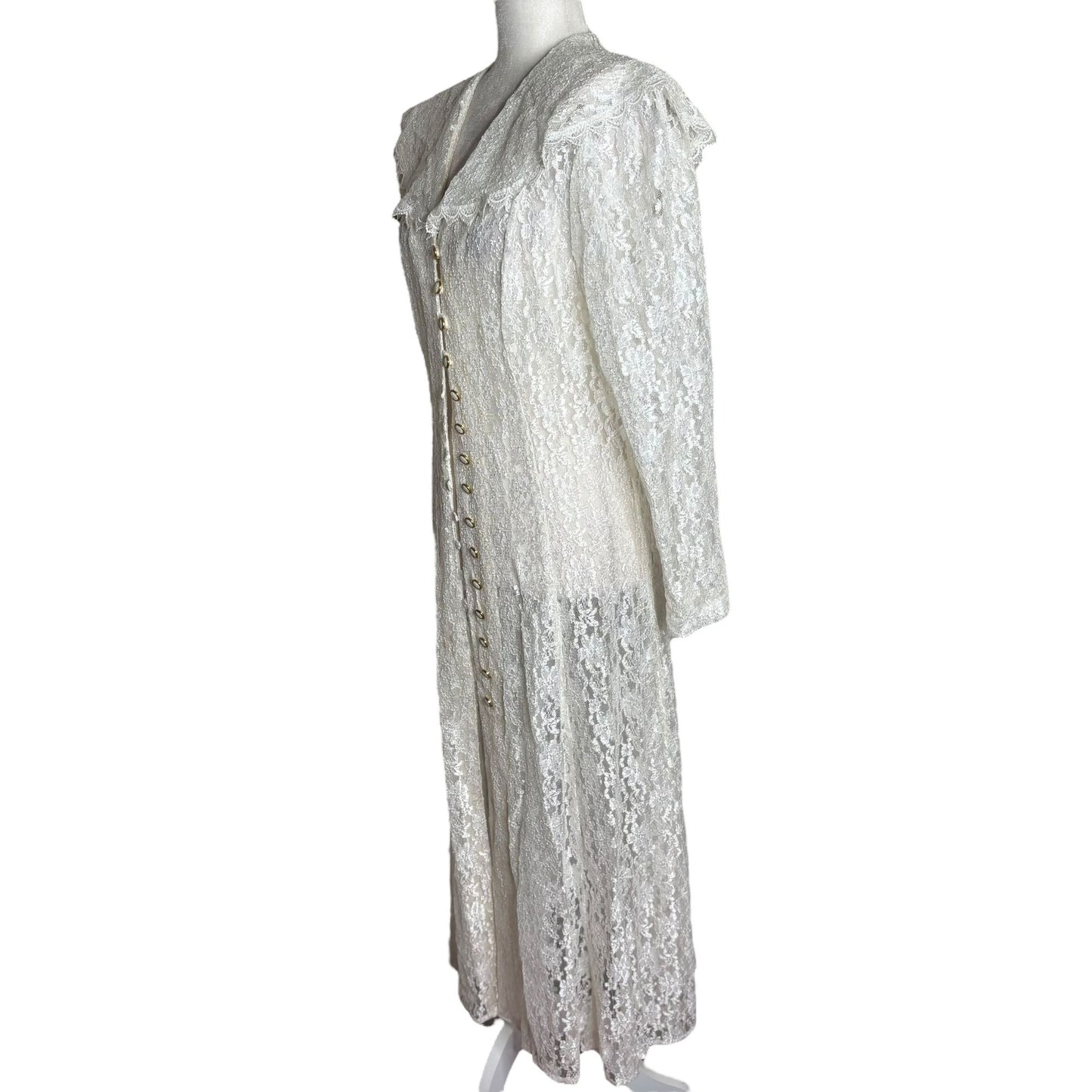 Vintage 90s Lace Button Up Maxi Dress Duster Medium White Sheer Long Sleeve