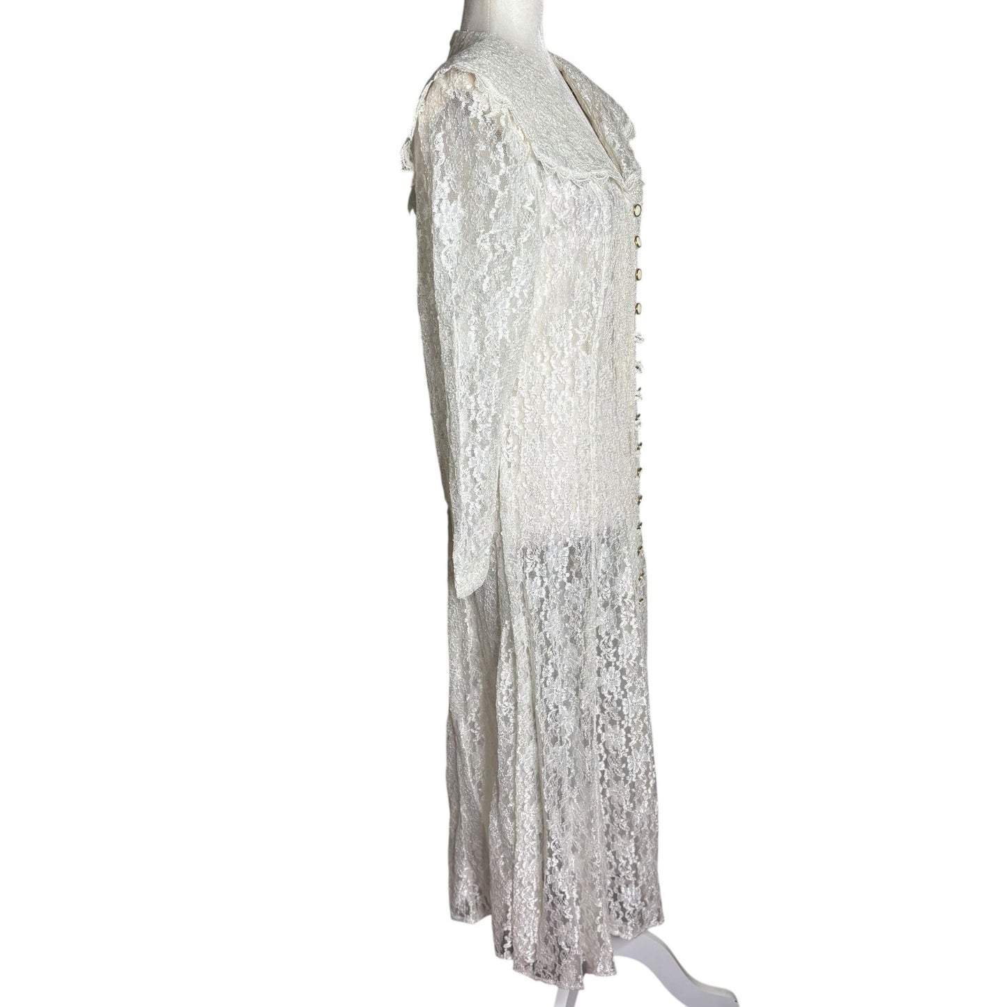 Vintage 90s Lace Button Up Maxi Dress Duster Medium White Sheer Long Sleeve