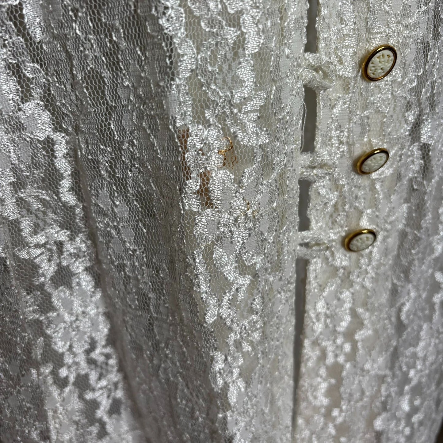 Vintage 90s Lace Button Up Maxi Dress Duster Medium White Sheer Long Sleeve
