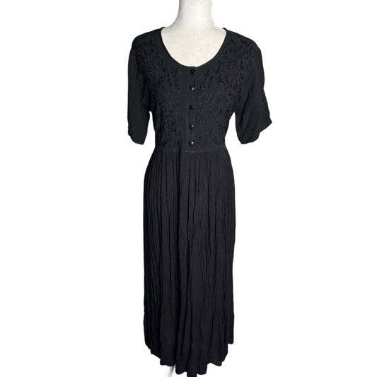 Vintage Embroidered Button Front Maxi Dress Sz Small Black Rayon Short Sleeve