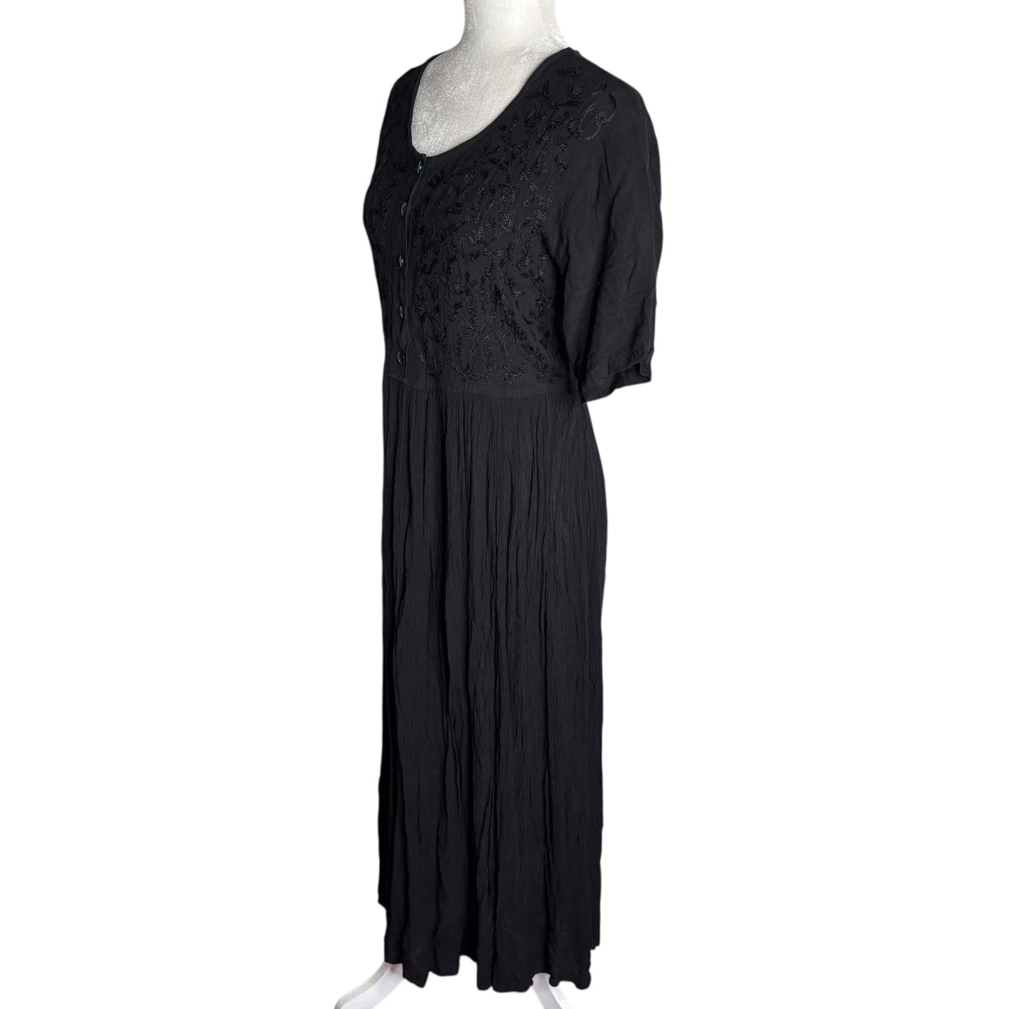 Vintage Embroidered Button Front Maxi Dress Sz Small Black Rayon Short Sleeve