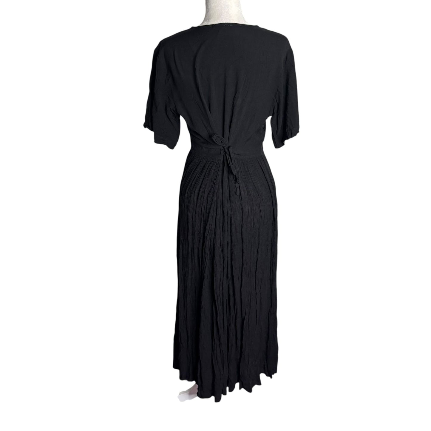 Vintage Embroidered Button Front Maxi Dress Sz Small Black Rayon Short Sleeve