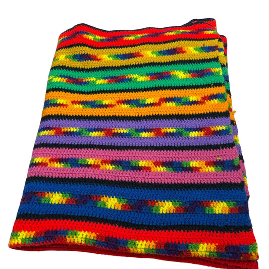 Handmade Crochet Striped Multicolor Blanket Oversized Throw Rainbow 87 x 54 in