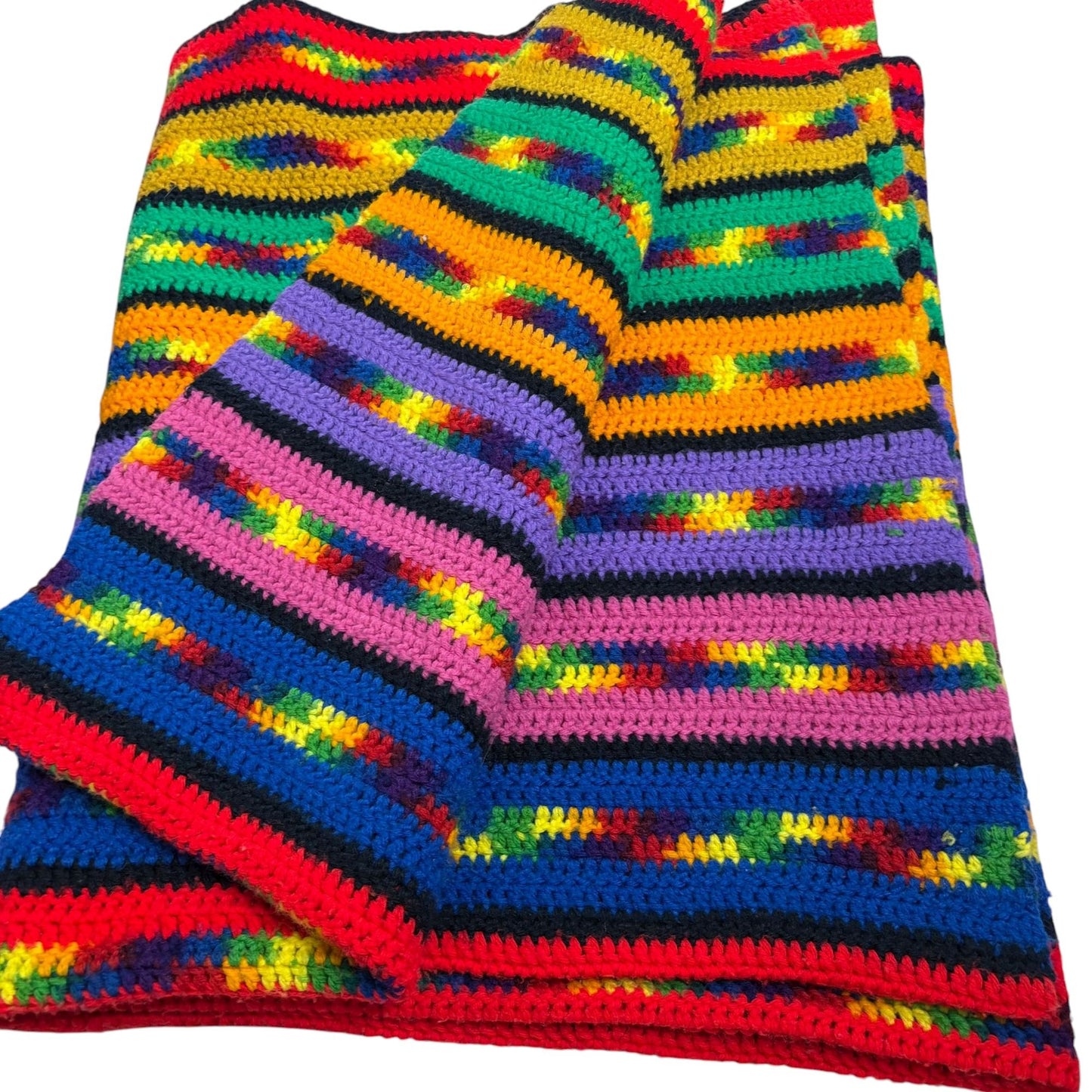 Handmade Crochet Striped Multicolor Blanket Oversized Throw Rainbow 87 x 54 in