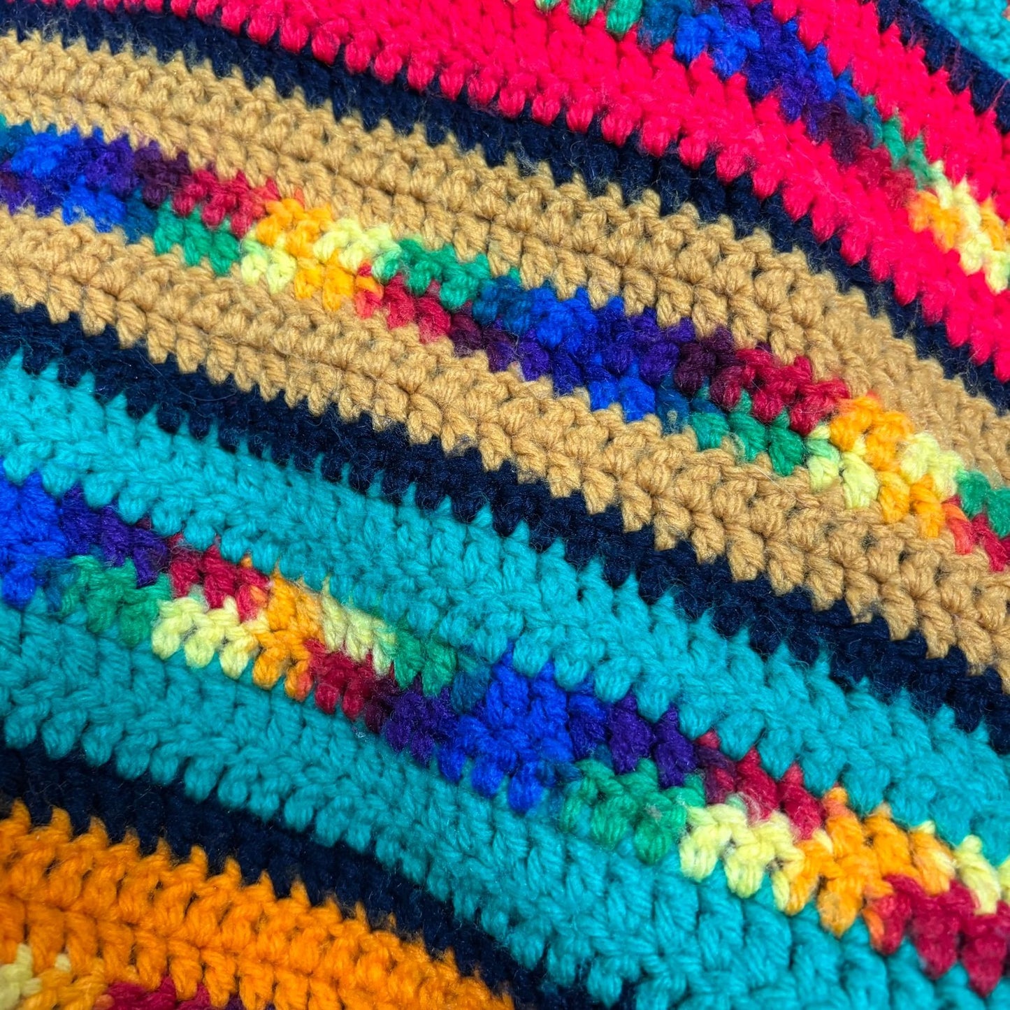 Handmade Crochet Striped Multicolor Blanket Oversized Throw Rainbow 87 x 54 in