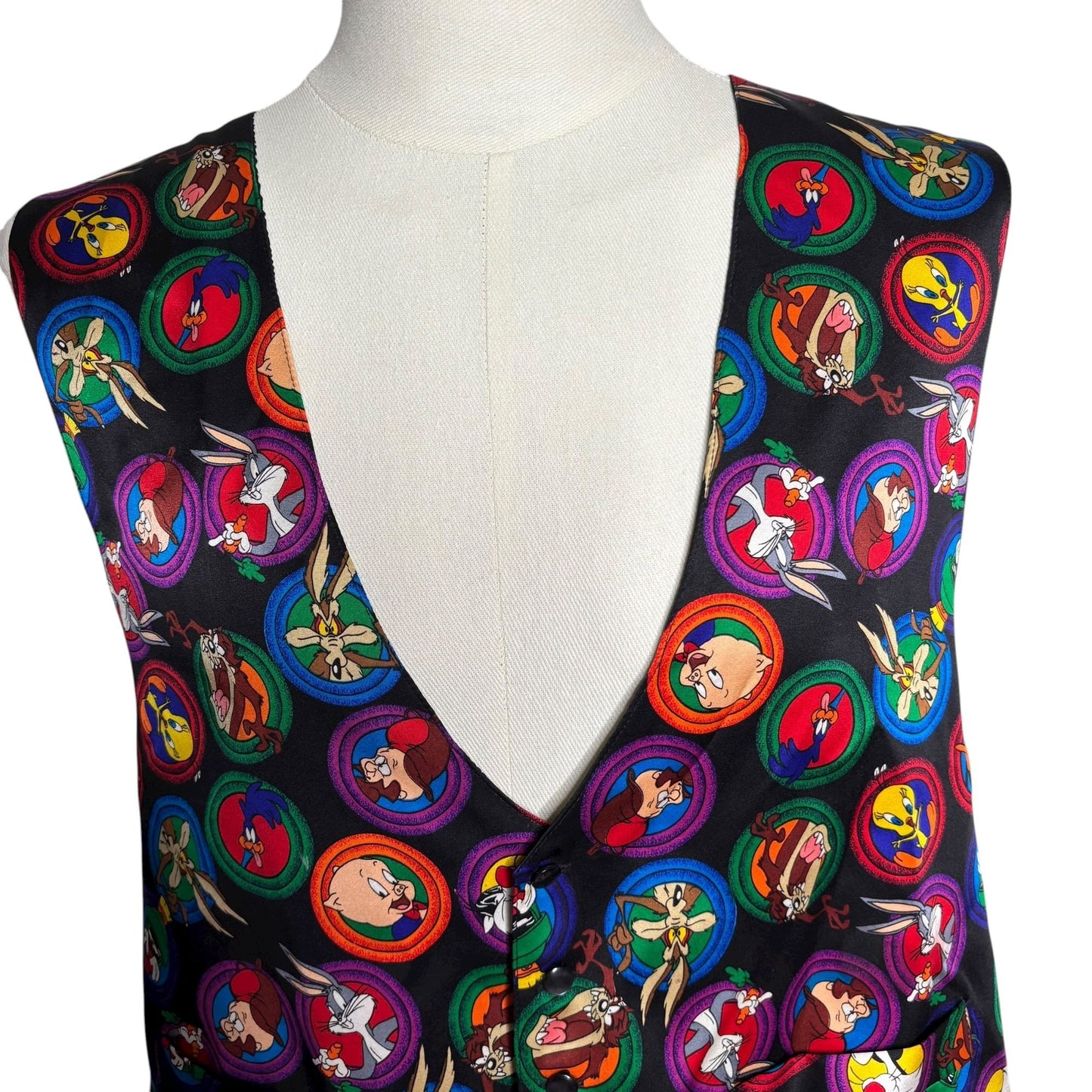 Vintage 90s Looney Tunes Mania Silk Vest Large Black Bugs Bunny Tweety Taz