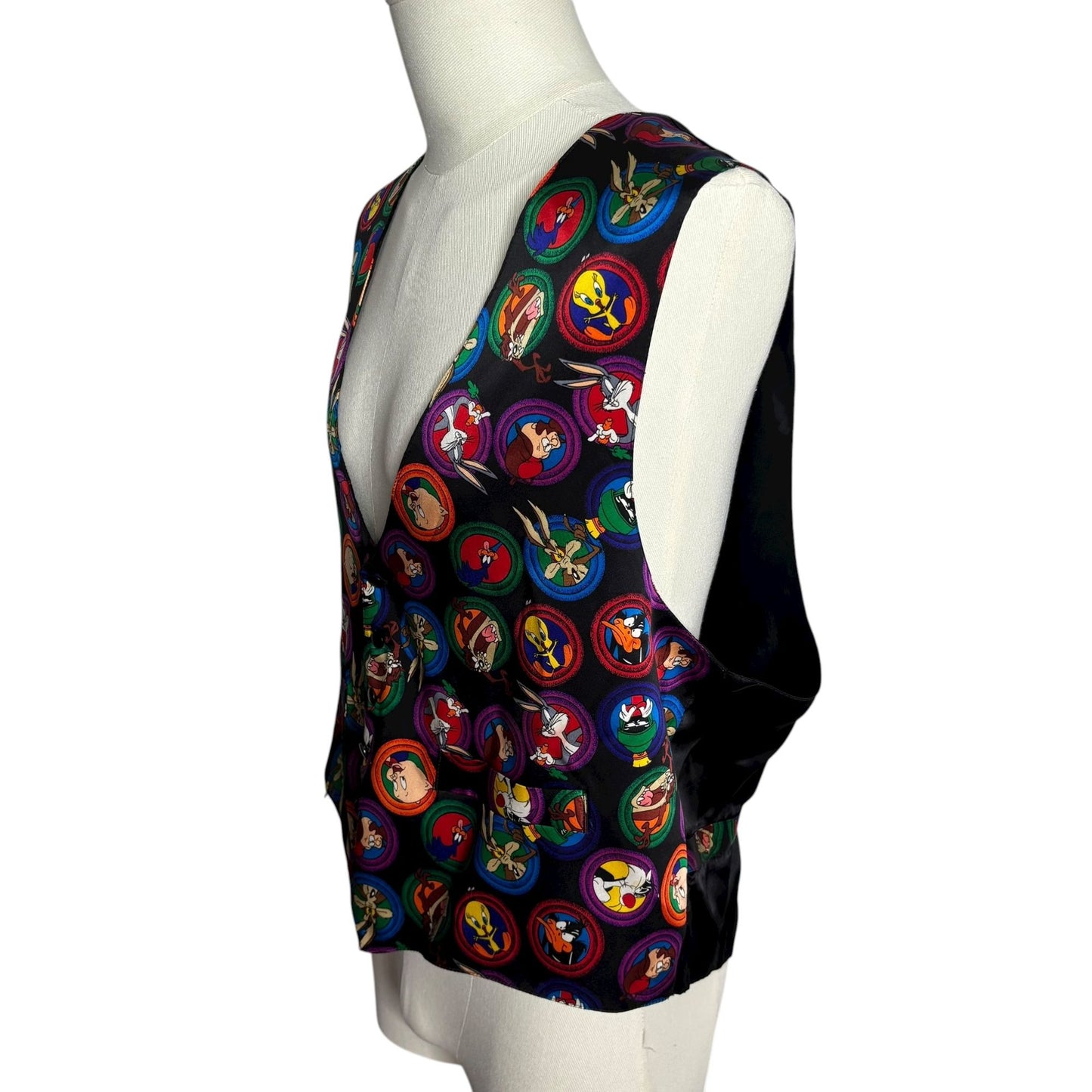 Vintage 90s Looney Tunes Mania Silk Vest Large Black Bugs Bunny Tweety Taz