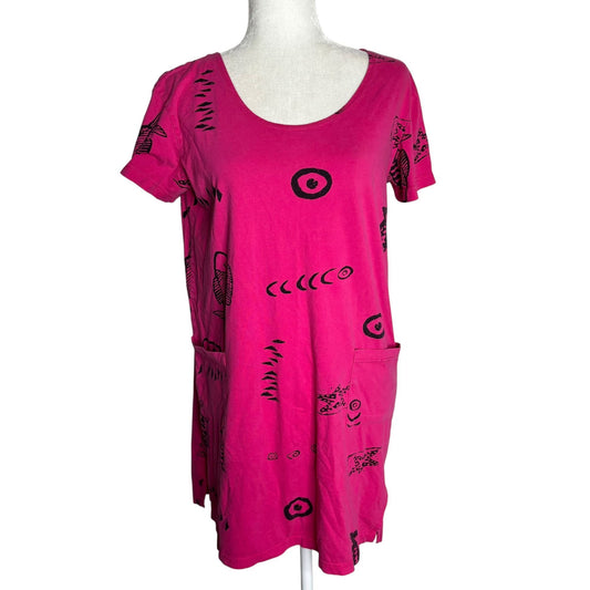Vintage 90s Graphic Fish Print Shift Dress Small Pink Short Sleeves Pockets