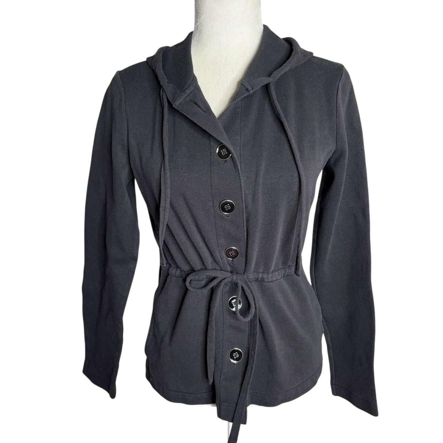 Liz Claiborne Hooded Button Up Cardigan Jacket Small Black Sweatshirt Hoodie
