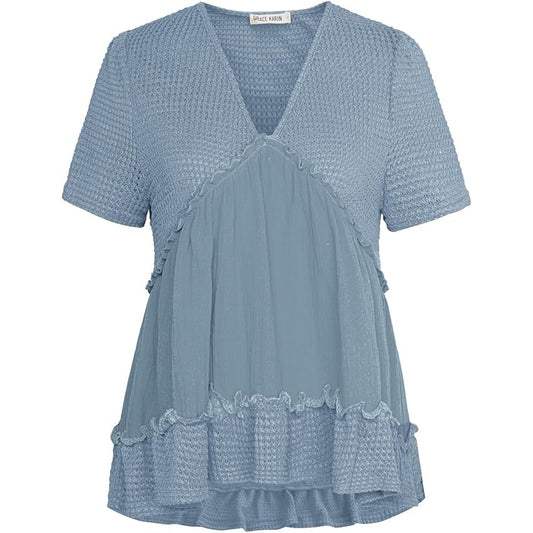 Grace Karin Short Sleeve Top Small Blue V Neck Ruffle Peplum Waffle Knit