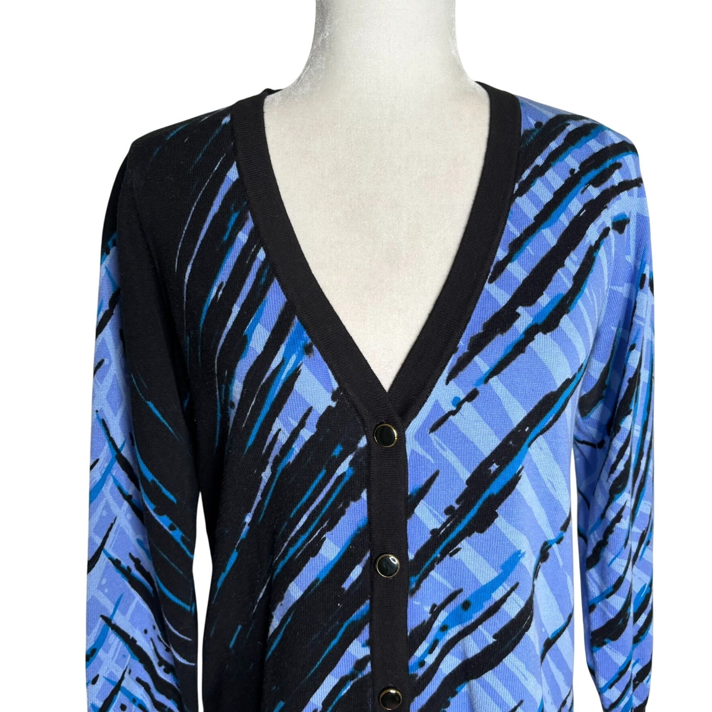 Bob Mackie Wearable Art V-Neck Cardigan Sweater XS Blue Black Cotton Abstract