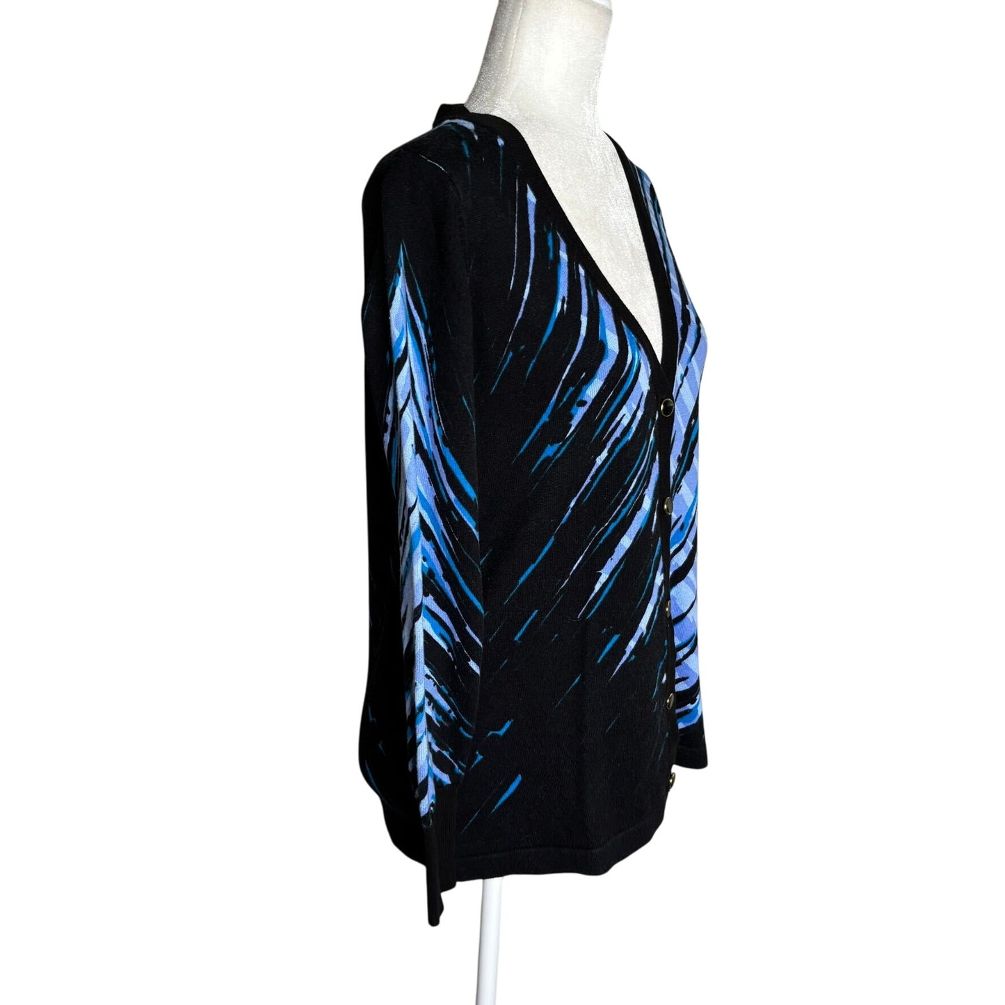 Bob Mackie Wearable Art V-Neck Cardigan Sweater XS Blue Black Cotton Abstract
