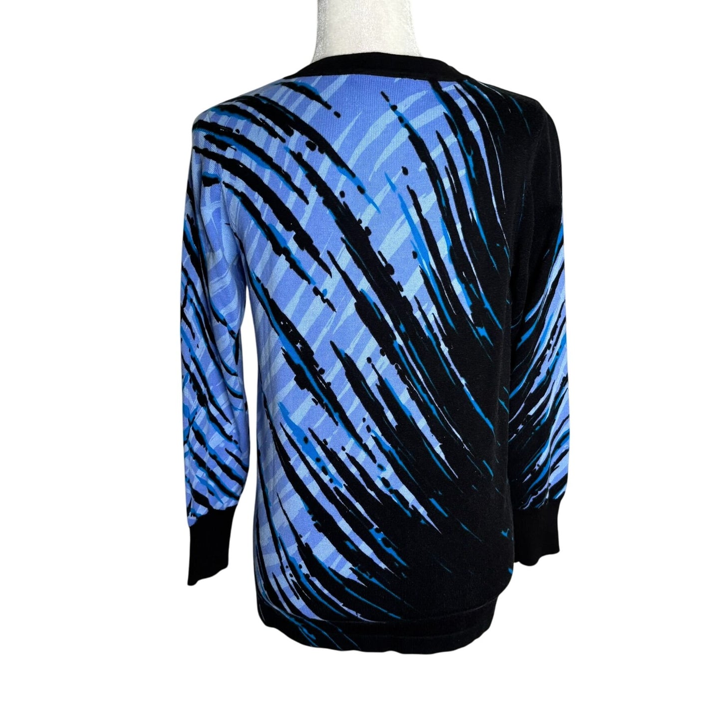 Bob Mackie Wearable Art V-Neck Cardigan Sweater XS Blue Black Cotton Abstract