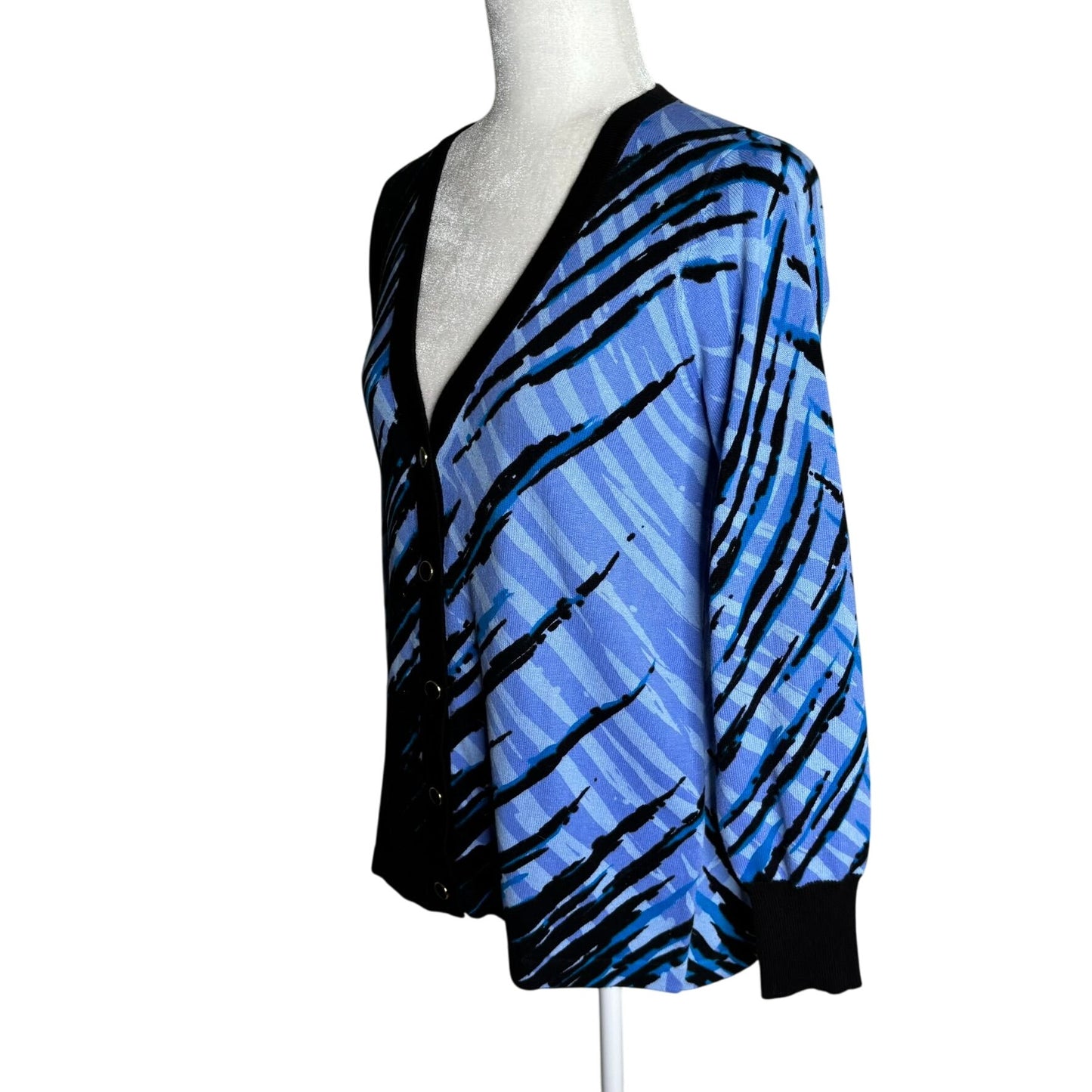 Bob Mackie Wearable Art V-Neck Cardigan Sweater XS Blue Black Cotton Abstract