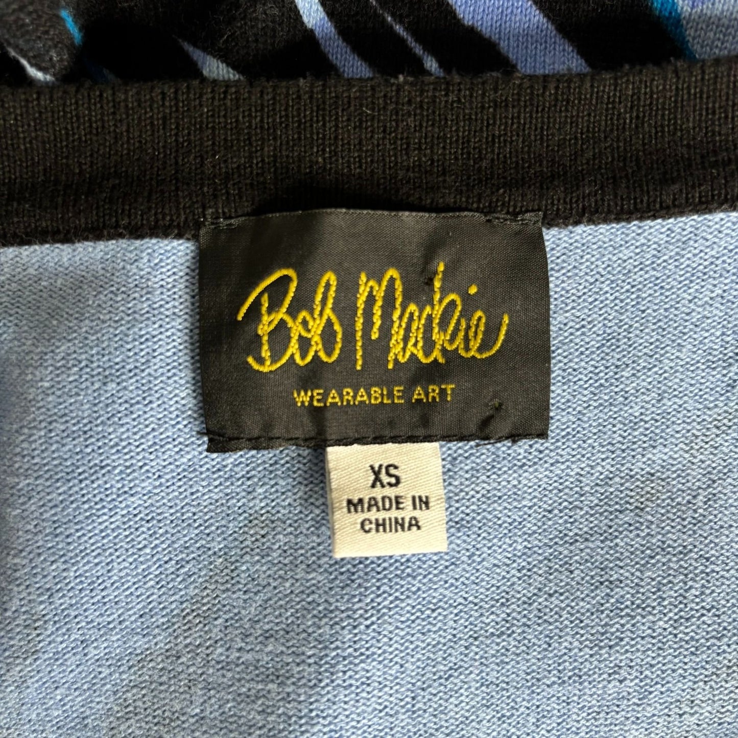 Bob Mackie Wearable Art V-Neck Cardigan Sweater XS Blue Black Cotton Abstract