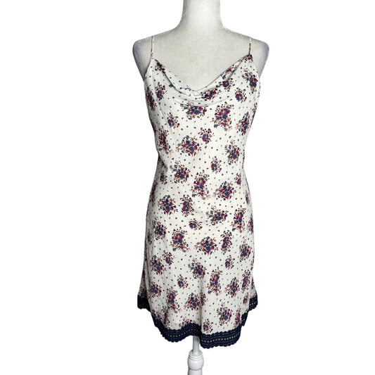 Skies Are Blue Floral Slip Dress Medium White Navy Lace Hem Adjustable Straps
