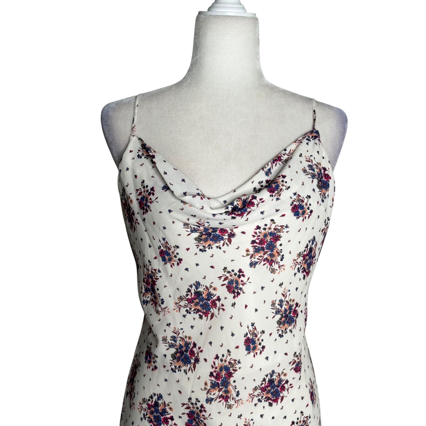 Skies Are Blue Floral Slip Dress Medium White Navy Lace Hem Adjustable Straps