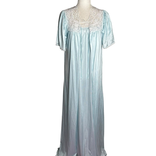 Vintage 80s Nightgown Robe Pengoir Set Medium Blue Lace Nylon Short Sleeves