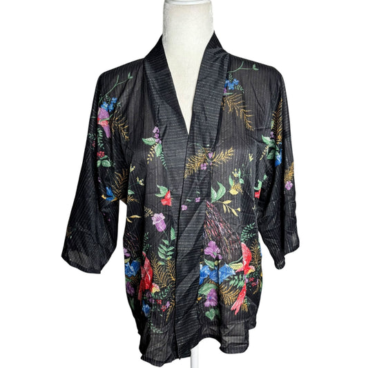 Vintage 70s Teddi Of California Kimono Style Top Size Small Black Floral Bird