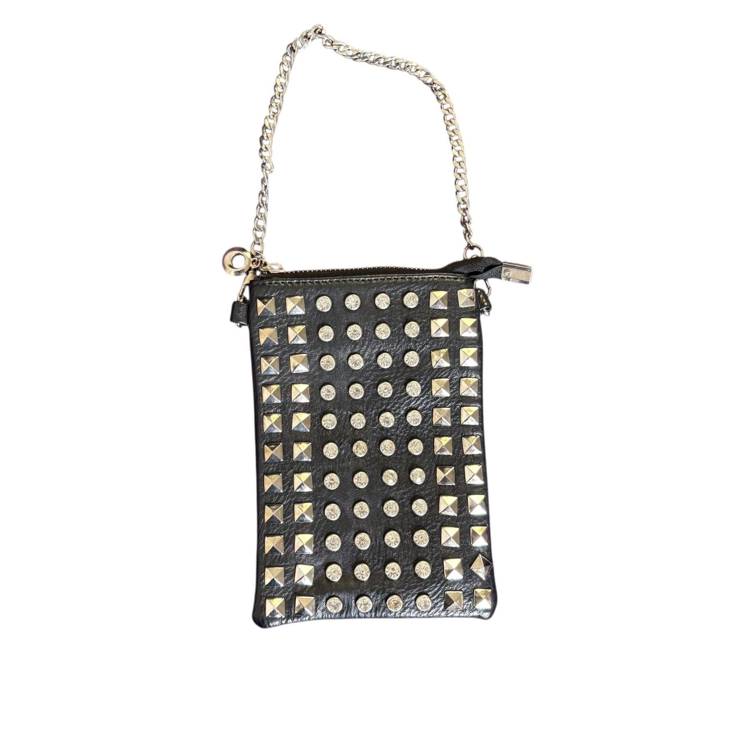 Black Faux Leather Studded Mini Wristlet Purse Chain Strap Zipper Closure