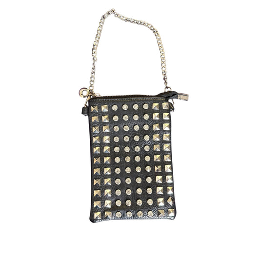 Black Faux Leather Studded Mini Wristlet Purse Chain Strap Zipper Closure