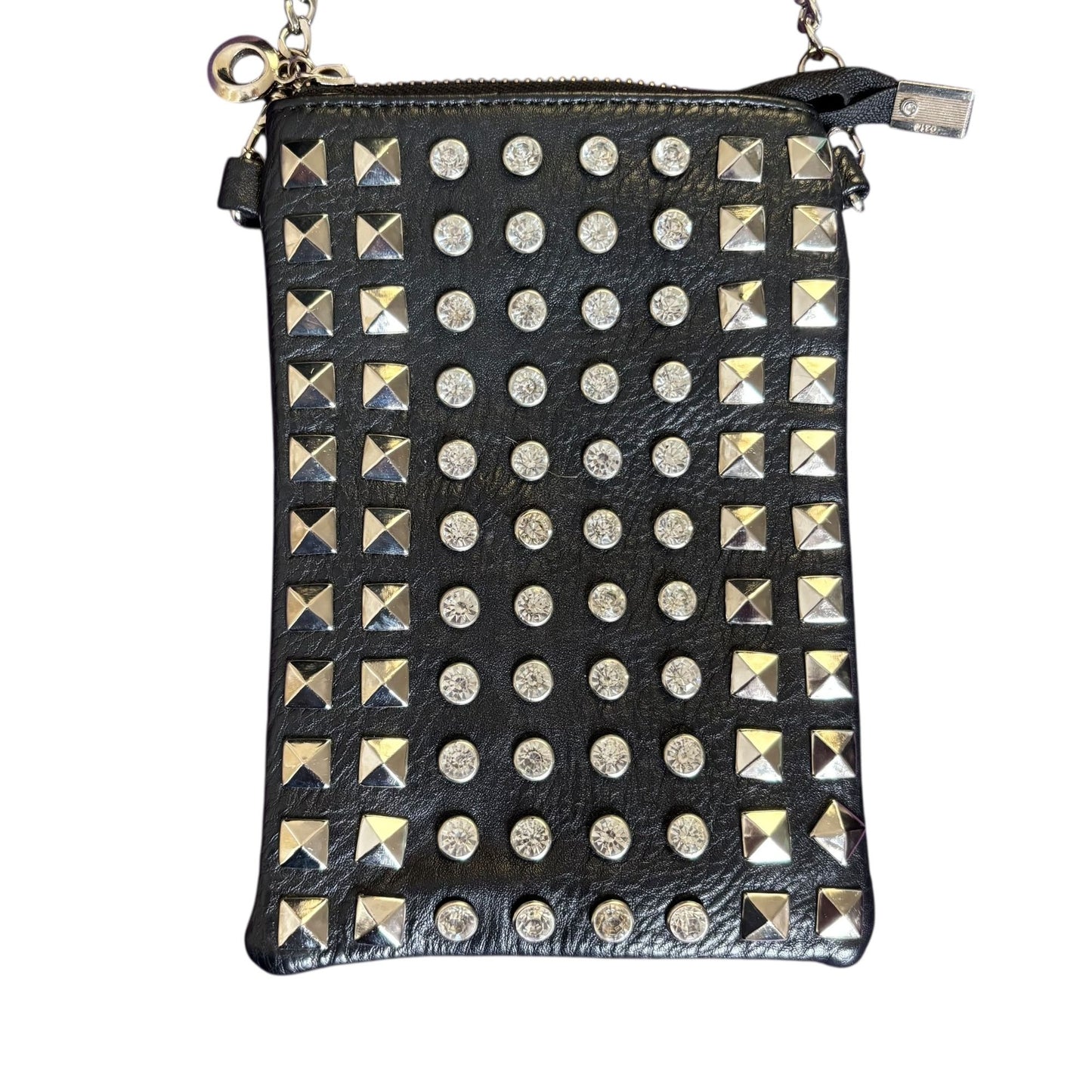 Black Faux Leather Studded Mini Wristlet Purse Chain Strap Zipper Closure