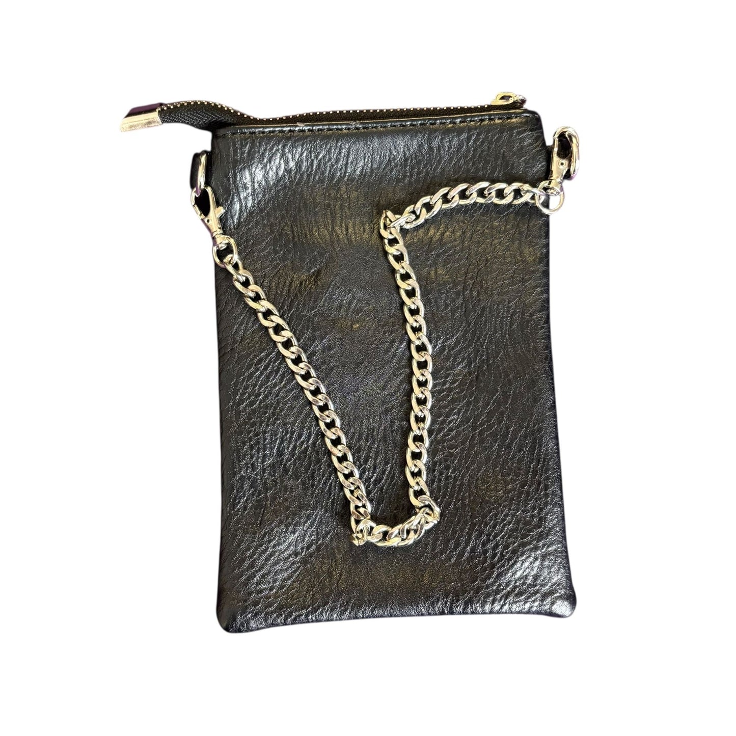 Black Faux Leather Studded Mini Wristlet Purse Chain Strap Zipper Closure