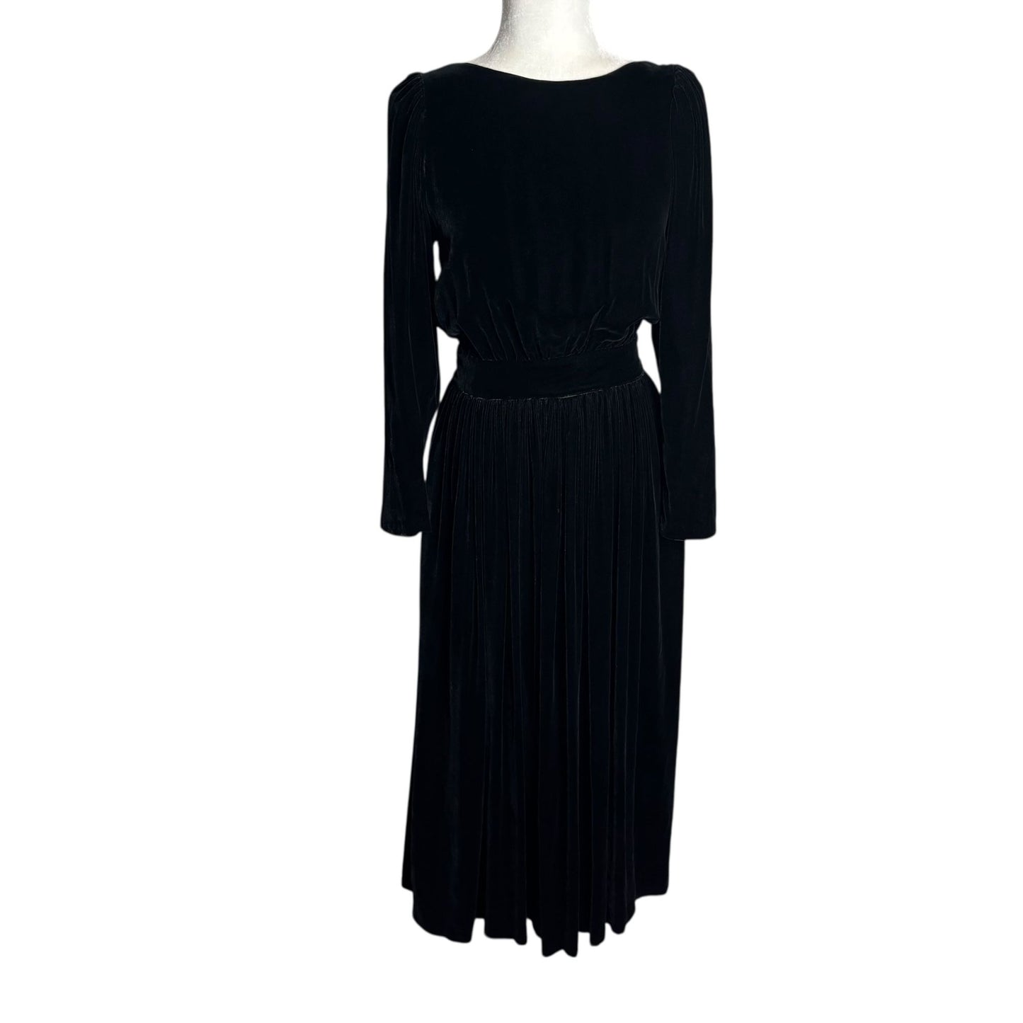 Vintage 80s Eileen West Velvet Backless Midi Dress Small Black Long Sleeves