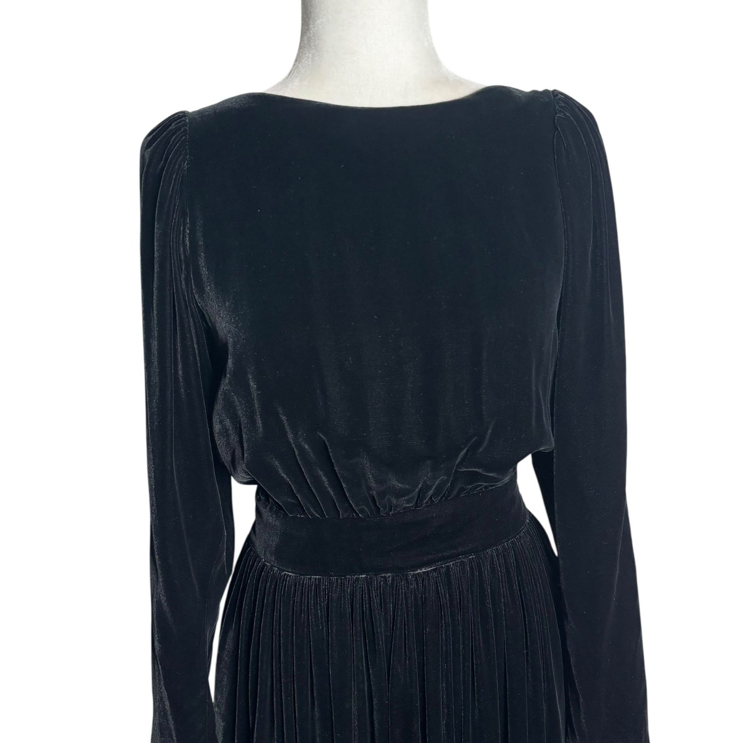 Vintage 80s Eileen West Velvet Backless Midi Dress Small Black Long Sleeves