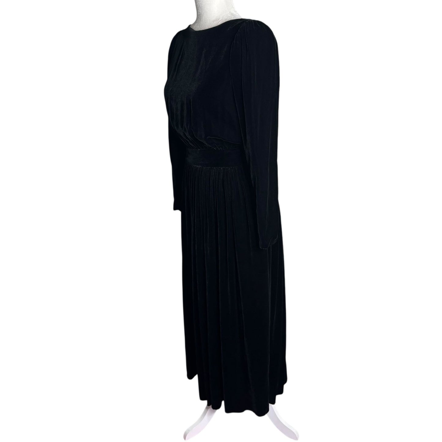 Vintage 80s Eileen West Velvet Backless Midi Dress Small Black Long Sleeves