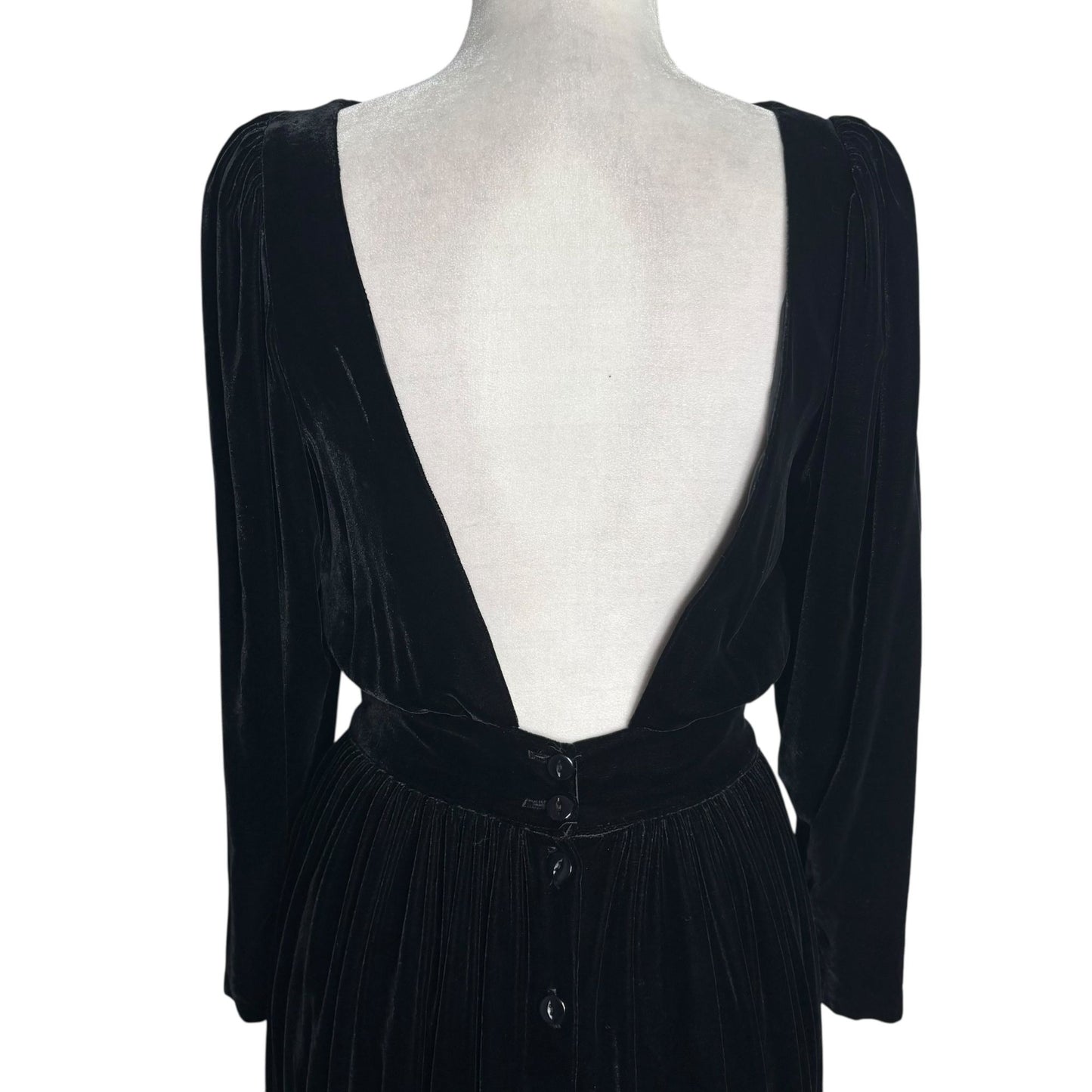 Vintage 80s Eileen West Velvet Backless Midi Dress Small Black Long Sleeves