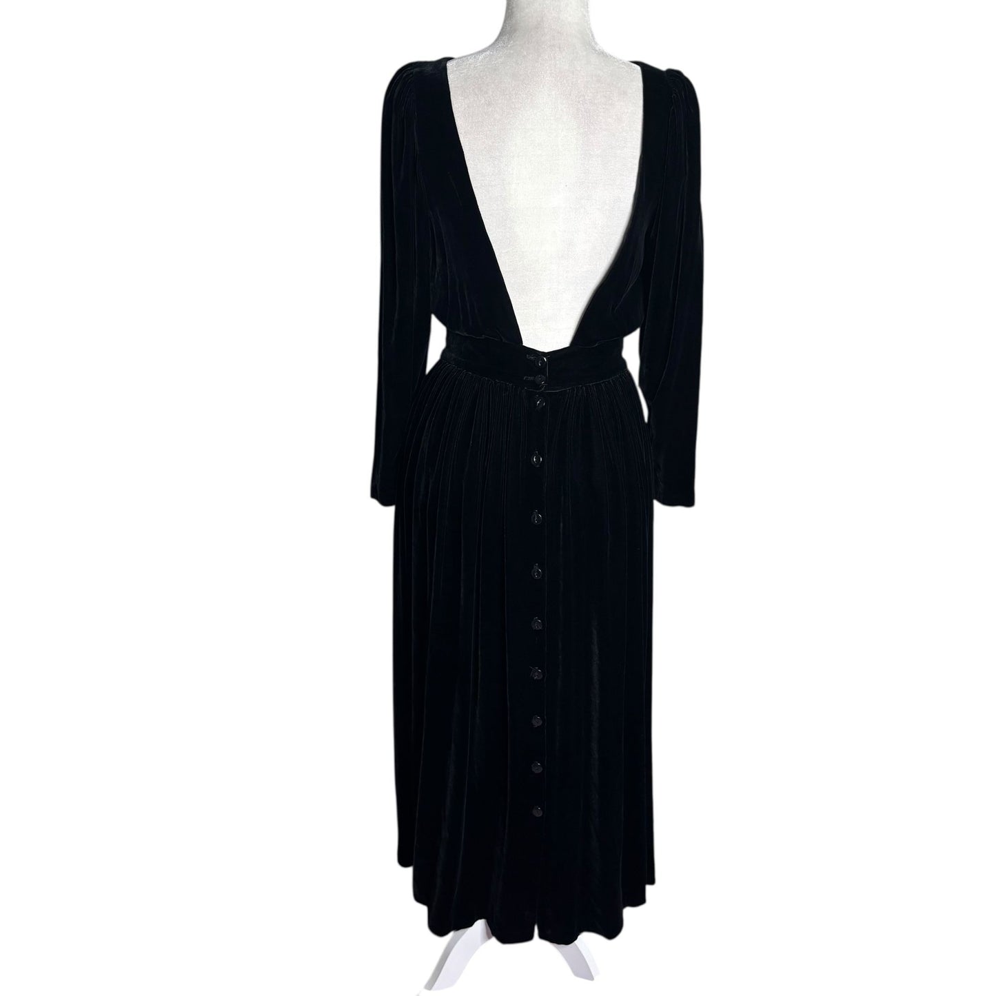 Vintage 80s Eileen West Velvet Backless Midi Dress Small Black Long Sleeves