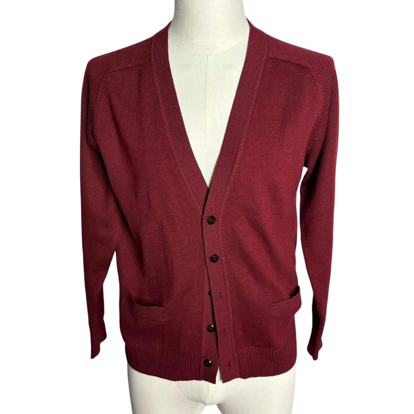 Vintage 70s Burgundy Button Front Cardigan Sweater Small Wool Made In France