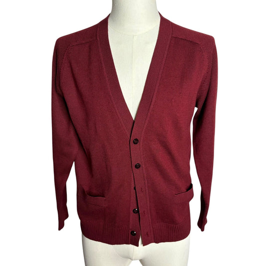Vintage 70s Burgundy Button Front Cardigan Sweater Small Wool Made In France