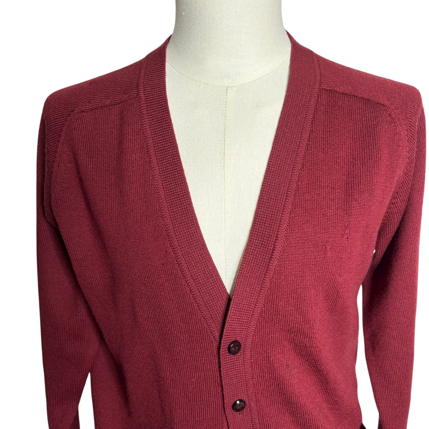 Vintage 70s Burgundy Button Front Cardigan Sweater Small Wool Made In France